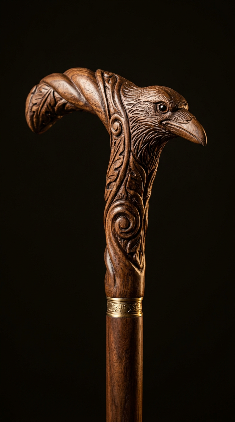 Detail of a carved walking-stick handle, a finished piece
