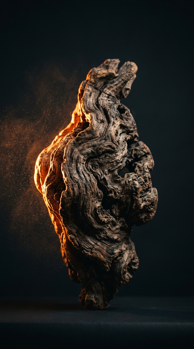 A single found wood burl root, lit against a dark background