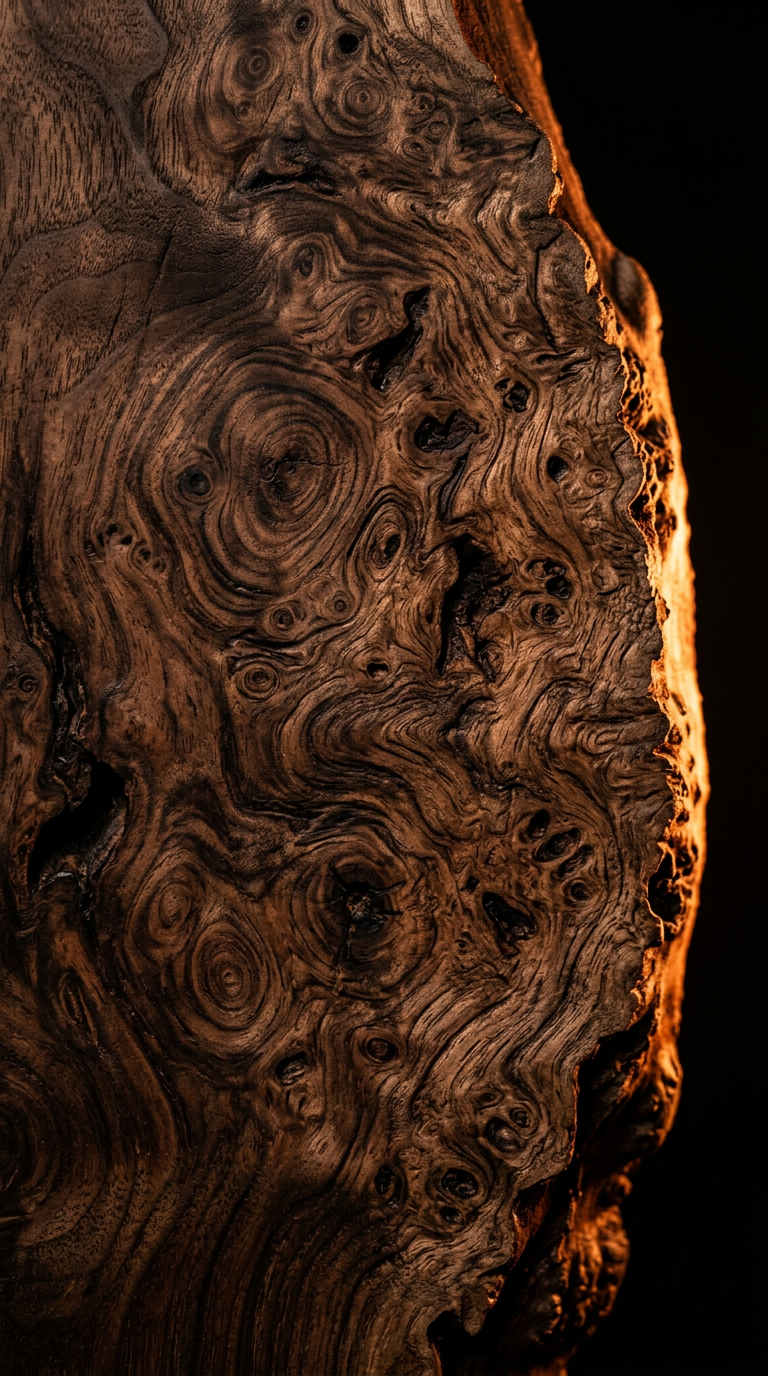 Close detail of dark burl wood grain, lit from behind