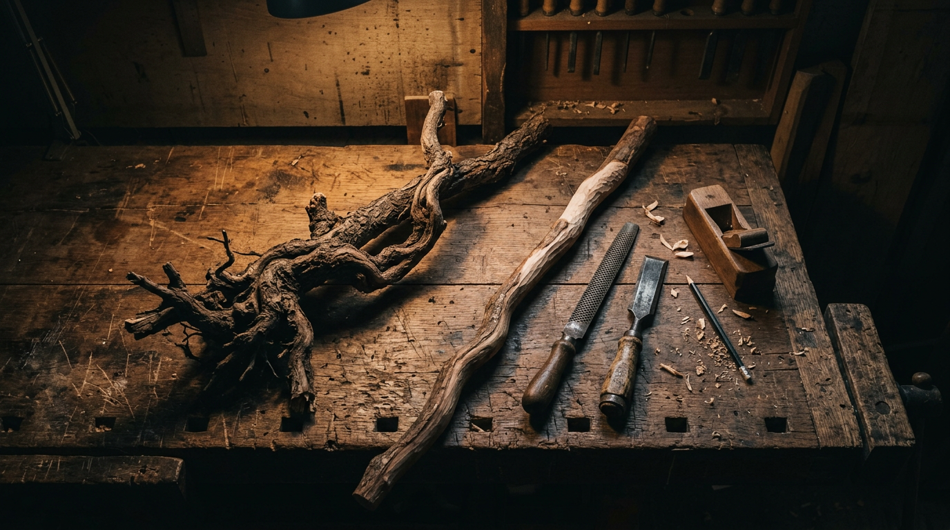 A raw branch and root beside a partly carved walking stick on the workshop bench
